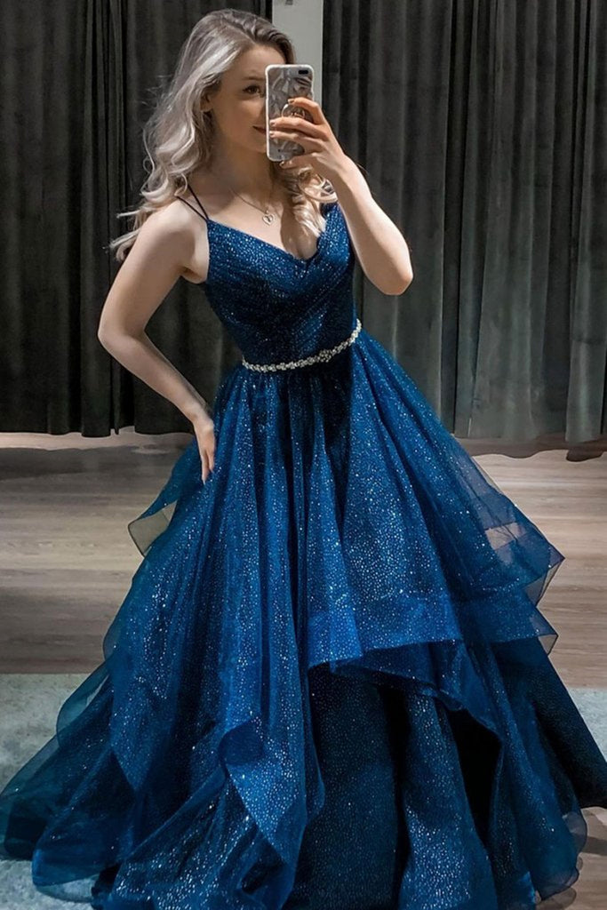 Royal Blue Spaghetti Straps Deep V neck Ball Gown Prom Dress with  Crisscross Straps Back
